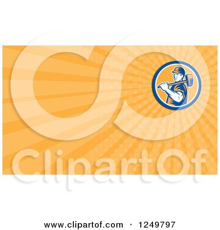 Clipart of a Woodcut Worker with a Sledgehammer and Ray Business Card Design - Royalty Free Illustration by patrimonio