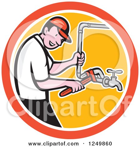 Clipart of a Cartoon Male Plumber Working on Pipes in a Circle - Royalty Free Vector Illustration by patrimonio