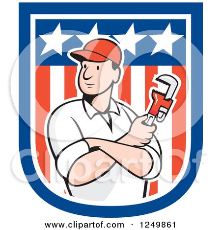 Clipart of a Cartoon Male Plumber Holding a Monkey Wrench in an American Shield - Royalty Free Vector Illustration by patrimonio