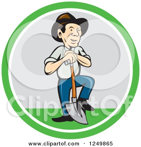Clipart of a Cartoon Farmer Man with a Shovel in a Circle - Royalty Free Vector Illustration by patrimonio
