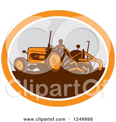 Clipart of a Retro Farmer Operating a Plowing Tractor in an Orange and Gray Oval - Royalty Free Vector Illustration by patrimonio