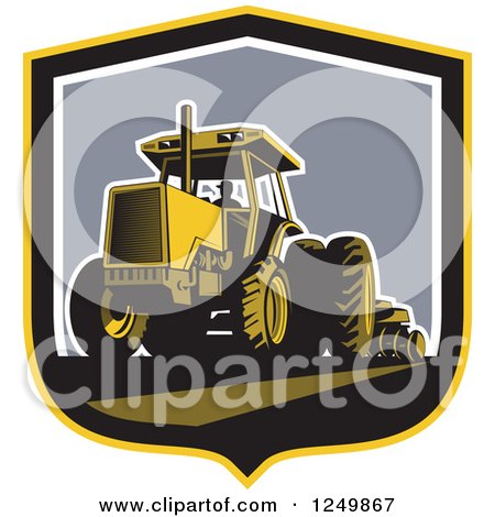 Clipart of a Retro Farmer Operating a Plowing Tractor in a Shield - Royalty Free Vector Illustration by patrimonio