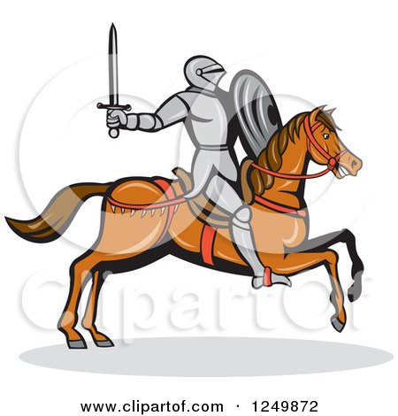 Clipart of a Horseback Armoured Knight Wielding a Sword - Royalty Free Vector Illustration by patrimonio