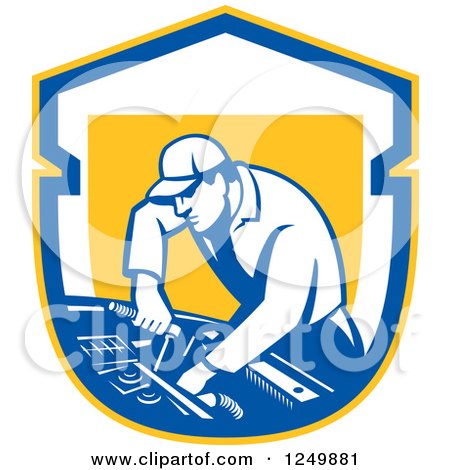 Clipart of a Retro Male Car Mechanic Working on an Automobile in a Shield - Royalty Free Vector Illustration by patrimonio
