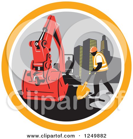 Clipart of a Construction Worker and Digger Machine in a Circle - Royalty Free Vector Illustration by patrimonio