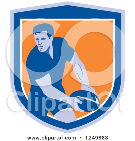 Clipart of a Retro Rugby Player in a Blue and Orange Shield - Royalty Free Vector Illustration by patrimonio