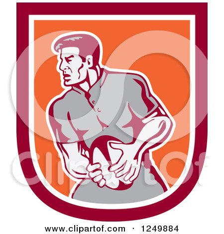 Clipart of a Retro Rugby Player in a Red and Orange Shield - Royalty Free Vector Illustration by patrimonio