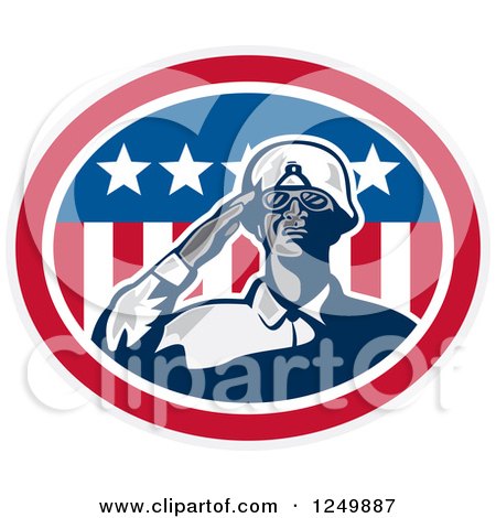 Clipart of a Retro African American Soldier Saluting in an American Oval - Royalty Free Vector Illustration by patrimonio