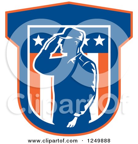 Clipart of a Silhouetted Soldier Saluting in a Shield - Royalty Free Vector Illustration by patrimonio