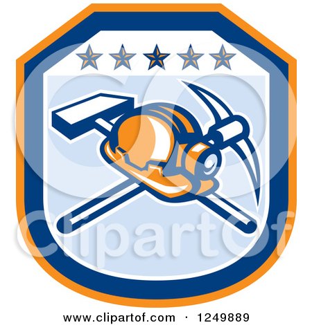 Clipart of a Retro Mining Helmet and Tools in a Blue and Orange Shield - Royalty Free Vector Illustration by patrimonio