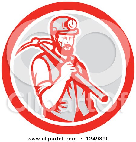 Clipart of a Retro Woodcut Male Miner with a Pickaxe in a Gray and Red Circle - Royalty Free Vector Illustration by patrimonio