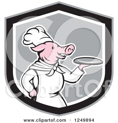 Clipart of a Cartoon Chef Pig Holding a Platter in a Shield - Royalty Free Vector Illustration by patrimonio