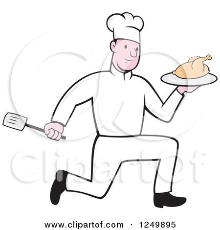 Clipart of a Cartoon Male Chef Running with a Roasted Chicken - Royalty Free Vector Illustration by patrimonio