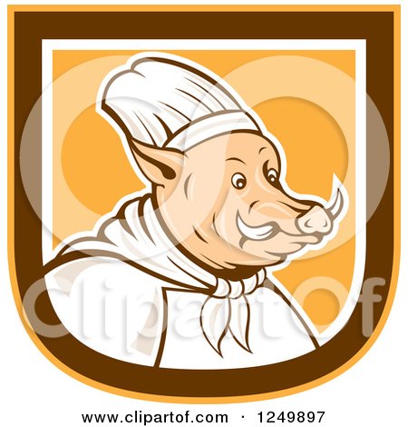 Clipart of a Boar Chef in a Brown White and Orange Shield - Royalty Free Vector Illustration by patrimonio