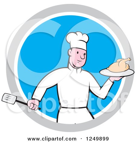 Clipart of a Cartoon Male Chef Holding a Roasted Chicken in a Blue and Gray Circle - Royalty Free Vector Illustration by patrimonio