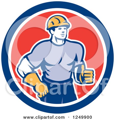 Clipart of a Retro Male Construction Worker Holding a Thumb up in a Circle - Royalty Free Vector Illustration by patrimonio