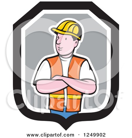 Clipart of a Cartoon Male Construction Worker with Folded Arms in a Shield - Royalty Free Vector Illustration by patrimonio