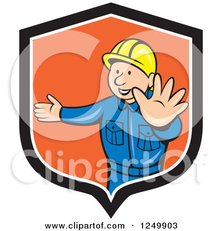 Clipart of a Cartoon Male Road Construction Worker Directing Traffic in a Shield - Royalty Free Vector Illustration by patrimonio