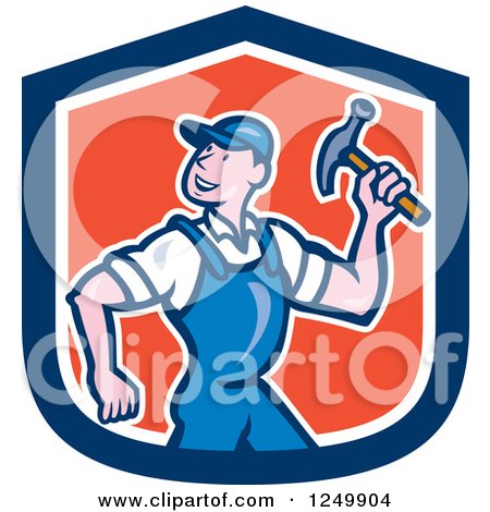 Clipart of a Cartoon Handyman with a Hammer in a Shield - Royalty Free Vector Illustration by patrimonio