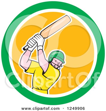 Clipart of a Cartoon Cricket Batsman Player in a Yellow and Green Circle - Royalty Free Vector Illustration by patrimonio