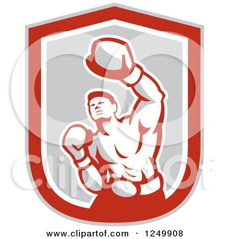 Clipart of a Retro Male Boxer Punching in a Gray and Red Shield - Royalty Free Vector Illustration by patrimonio