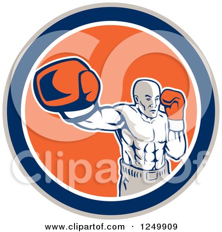 Clipart of a Retro Male Boxer Punching in a Blue and Orange Circle - Royalty Free Vector Illustration by patrimonio