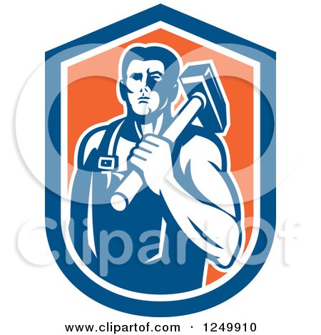 Clipart of a Retro Male Blacksmith Man with a Sledgehammer in an Orange and Blue Shield - Royalty Free Vector Illustration by patrimonio