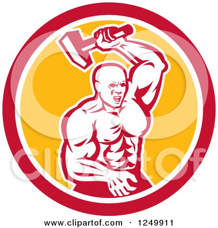 Clipart of a Retro Muscular Blacksmith Hammering in a Circle - Royalty Free Vector Illustration by patrimonio