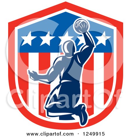 Clipart of a Retro Blue Basketball Player Dunking over an American Shield - Royalty Free Vector Illustration by patrimonio