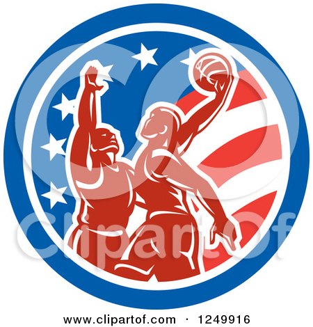 Clipart of Retro Male Basketball Players in an American Flag Circle - Royalty Free Vector Illustration by patrimonio