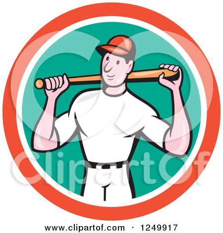 Clipart of a Cartoon Male Baseball Player Posing with a Bat in a Circle - Royalty Free Vector Illustration by patrimonio