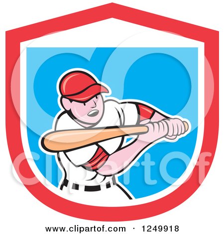 Clipart of a Cartoon Male Baseball Player Batting in a Shield - Royalty Free Vector Illustration by patrimonio