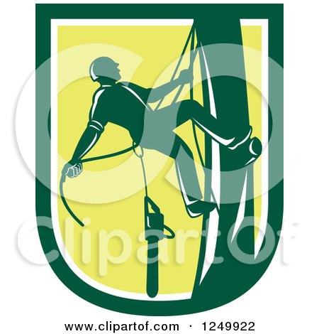 Clipart of a Green Arborist Climbing a Pole in a Shield - Royalty Free Vector Illustration by patrimonio