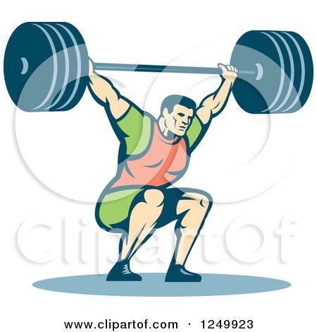 Clipart of a Retro Male Bodybuilder Squatting with a Barbell - Royalty Free Vector Illustration by patrimonio