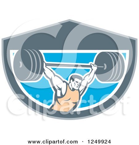 Clipart of a Retro Male Bodybuilder Squatting with a Barbell in a Shield - Royalty Free Vector Illustration by patrimonio