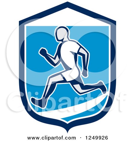 Clipart of a Retro Male Runner in a Blue and White Shield - Royalty Free Vector Illustration by patrimonio