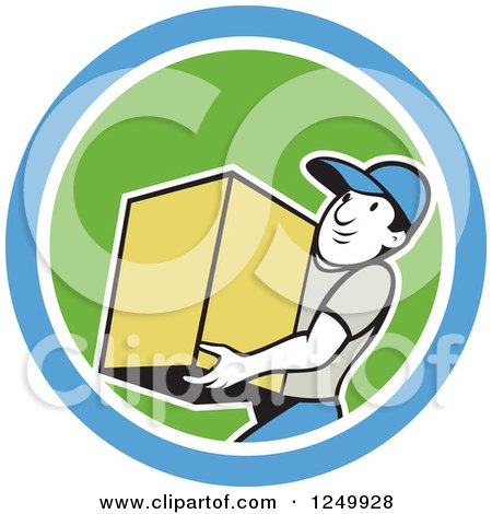 Clipart of a Cartoon Delivery Man Carrying a Box in a Blue and Orange Circle - Royalty Free Vector Illustration by patrimonio