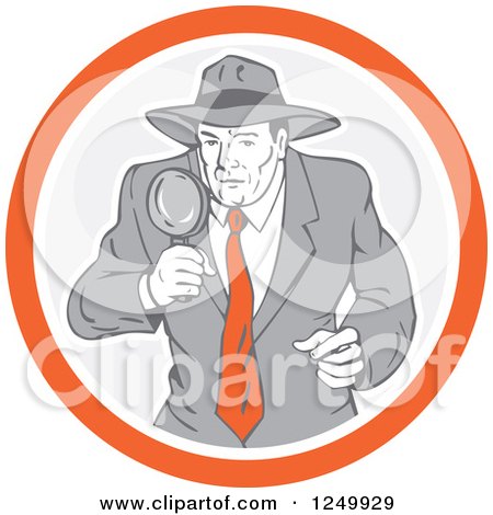 Clipart of a Retro Male Detective Using a Magnifying Glass in a Circle - Royalty Free Vector Illustration by patrimonio