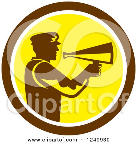 Clipart of a Retro Silhouetted Director Using a Bullhorn in a Brown and Yellow Circle - Royalty Free Vector Illustration by patrimonio
