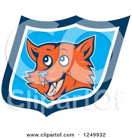Clipart of a Cartoon Happy Fox Face in a Blue Shield - Royalty Free Vector Illustration by patrimonio