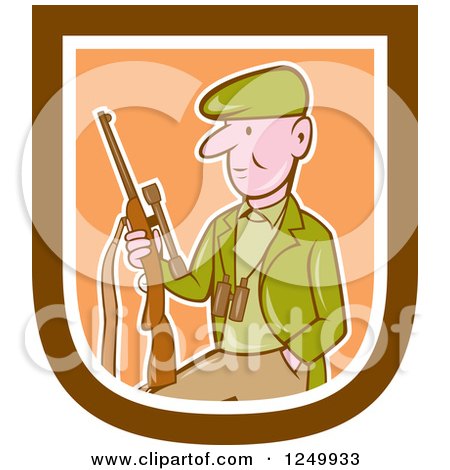 Clipart of a Cartoon Male Hunter with a Rifle in a Shield - Royalty Free Vector Illustration by patrimonio
