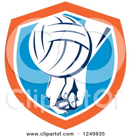 Clipart of a Volleyball and Hands in a Blue and Orange Shield - Royalty Free Vector Illustration by patrimonio
