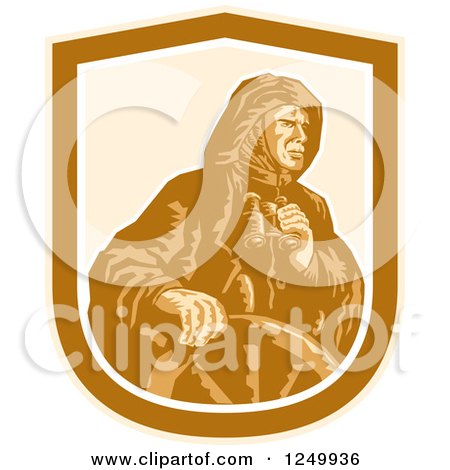 Clipart of a Retro Fisherman Captain Holding Binoculars at the Helm - Royalty Free Vector Illustration by patrimonio