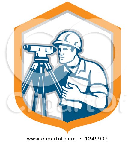 Clipart of a Retro Male Surveyor in a Shield - Royalty Free Vector Illustration by patrimonio