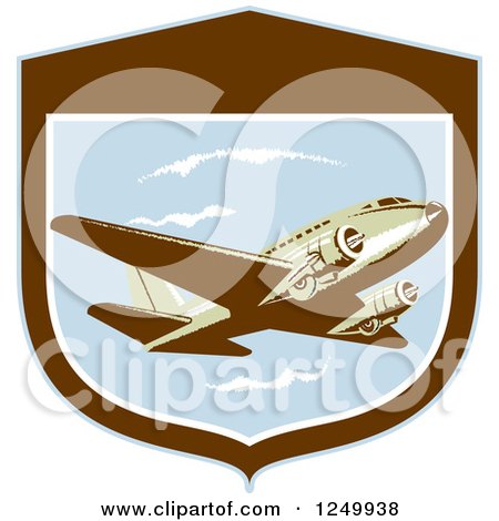 Clipart of a Retro DC10 Propeller Airplane in a Shield - Royalty Free Vector Illustration by patrimonio
