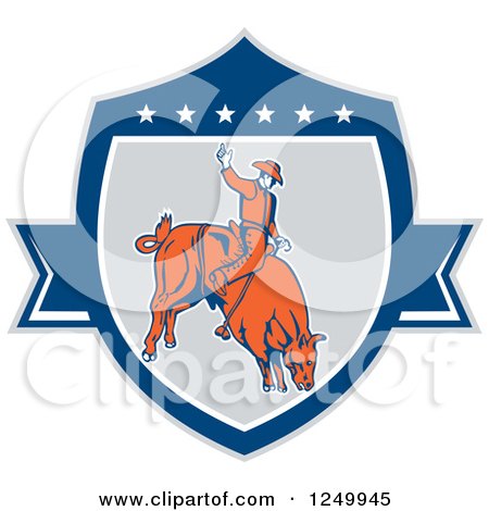 Clipart of a Retro Rodeo Cowboy on a Bucking Bull in a Shield - Royalty Free Vector Illustration by patrimonio