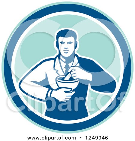 Clipart of a Retro Male Pharmacist with a Mortar and Pestle in a Circle - Royalty Free Vector Illustration by patrimonio