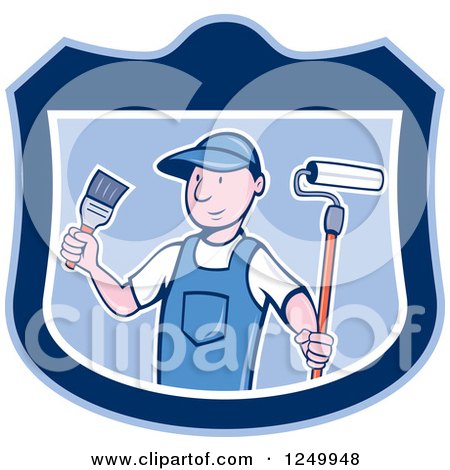 Clipart of a Cartoon Male Painter in a Blue Shield - Royalty Free Vector Illustration by patrimonio