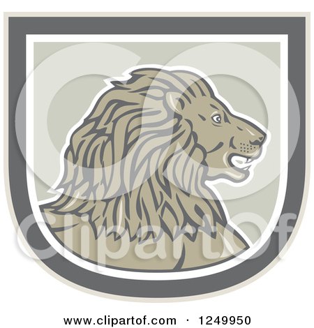 Clipart of a Retro Male Lion Head in a Shield - Royalty Free Vector Illustration by patrimonio