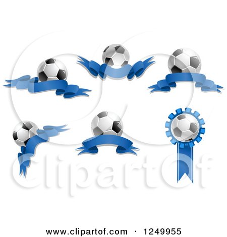 Clipart of 3d Soccer Balls and Blue Ribbons - Royalty Free Vector Illustration by Vector Tradition SM